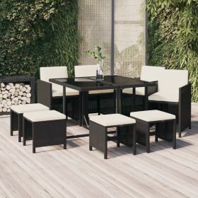 9 Piece Patio Dining Set with Cushions Poly Rattan Black