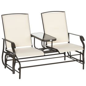 Outsunny Outdoor Glider Bench with Center Table, Metal Frame Patio Loveseat with Breathable Mesh Fabric and Armrests for Backyard Garden Porch, B