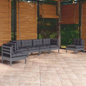 6 Piece Patio Lounge Set with Cushions Solid Pinewood (Color: Gray)