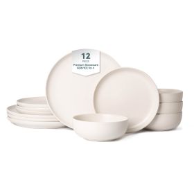 12-Piece Stoneware Dinner Plates Bowls Sets | Microwave & Dishwasher Safe | FDA Certified Non-Toxic Dinner Plates Bowls Set | Stackable Matte Gla (Main Color: White, Main Material: Stone)